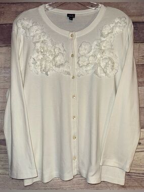 Rafaella Cream Floral-Appliqué Button Down Top